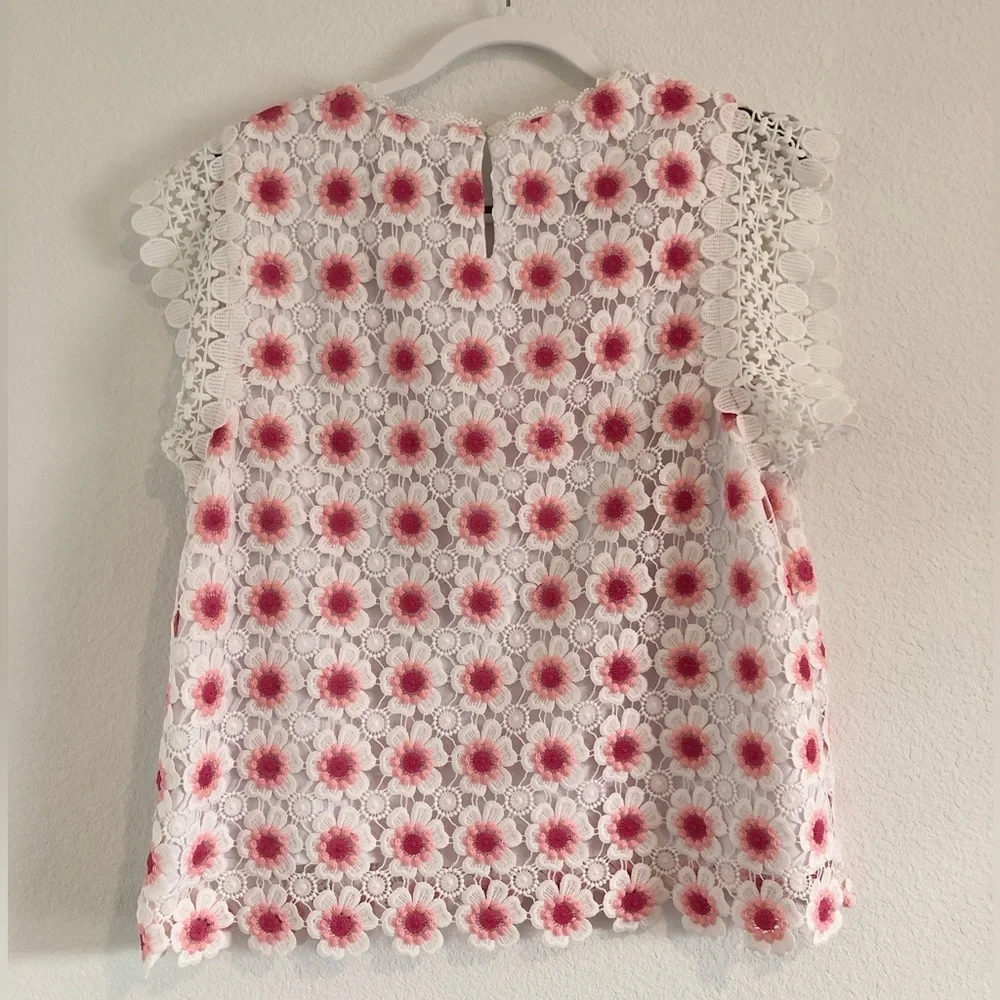 J. Crew White and Pink Floral Crochet Top Large